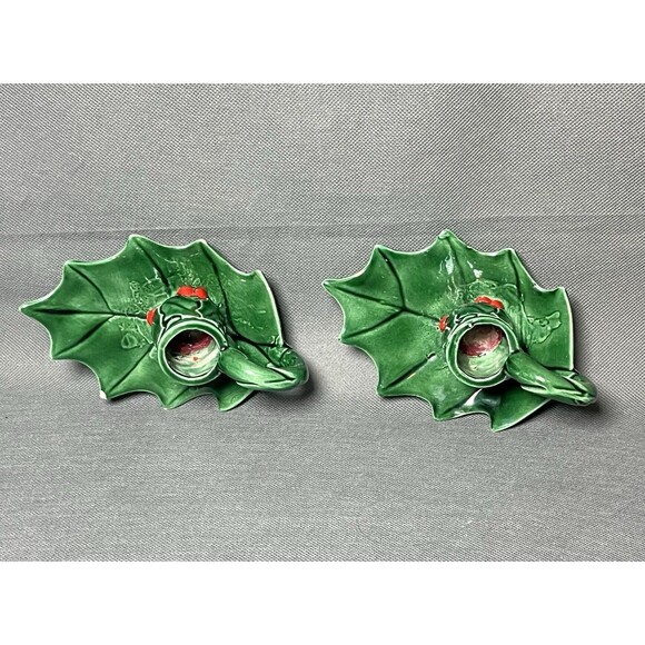 Vintage Antique Christmas Holly Berries Green Candle Stick Holders Holiday Decor - Picture 13 of 13